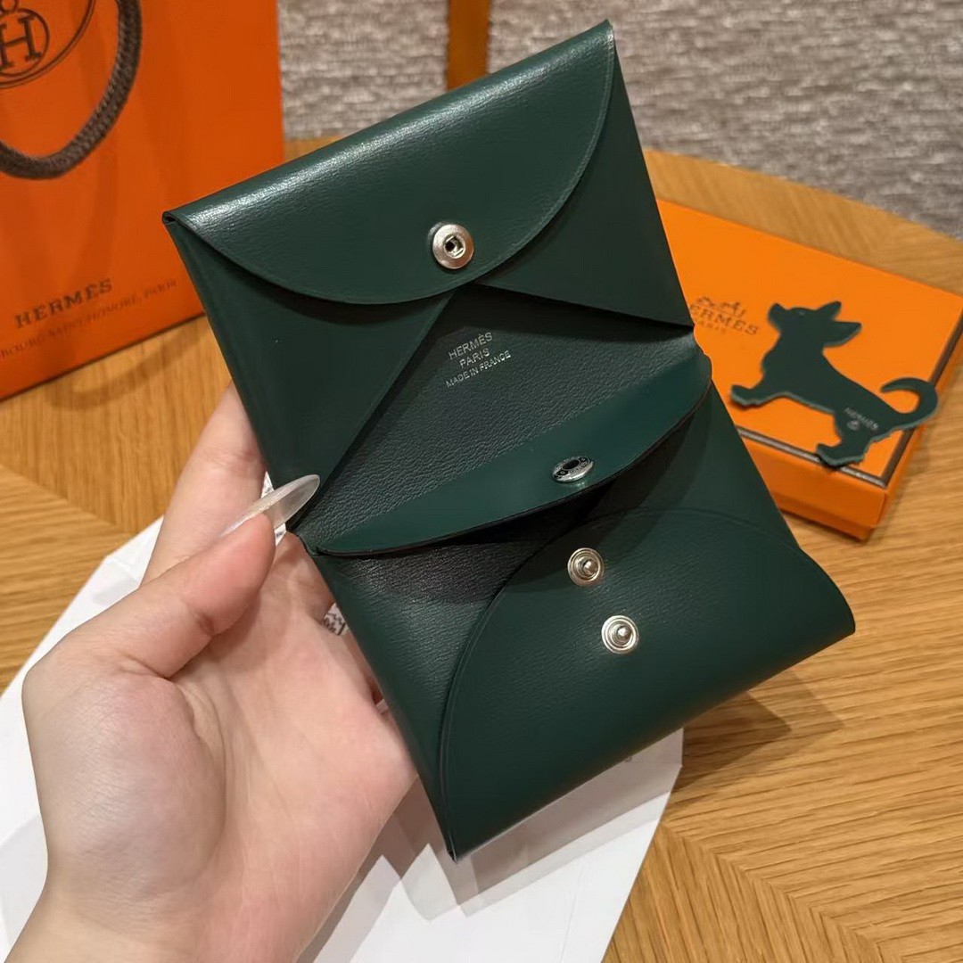 Hermes Calvi Duo Compact Card Holder Handmade In Box Calfskin Leather Silver Hardware 67 Vert Fonce - Image 6