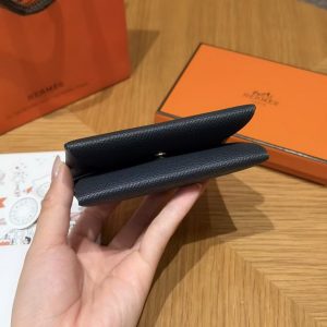 Hermes Calvi Duo Compact Card Holder Handmade In Epsom Calfskin Leather Silver Hardware Y7 Bleu Orage - Image 10