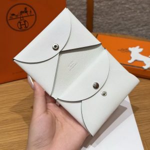 Hermes Calvi Duo Compact Card Holder Handmade In Swift And Chèvre Leather Silver Hardware 0U New White - Image 8