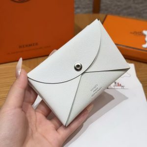 Hermes Calvi Duo Compact Card Holder Handmade In Swift And Chèvre Leather Silver Hardware 0U New White - Image 5