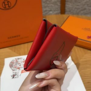 Hermes Calvi Duo Compact Card Holder Handmade In Swift And Chèvre Leather Silver Hardware X Rouge Piment - Image 11