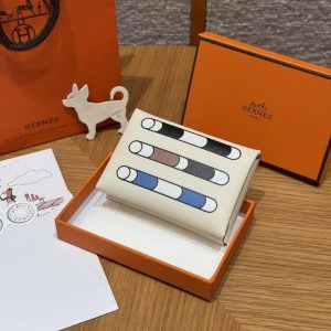 Hermes Calvi Duo Compact Card Holder Handmade In Swift And Chèvre Calfskin Leather Silver Hardware I2 Nata - Image 7
