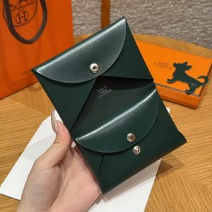 Hermes Calvi Duo Compact Card Holder Handmade In Box Calfskin Leather Silver Hardware 67 Vert Fonce - Image 8