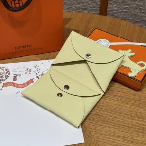 Hermes Calvi Duo Compact Card Holder Handmade In Swift And Chèvre Calfskin Leather Silver Hardware i8 Jaune Milto - Image 12