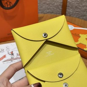 Hermes Calvi Duo Compact Card Holder Handmade In Swift And Chèvre Calfskin Leather Silver Hardware 9R Lime - Image 6