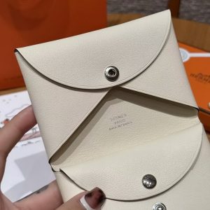 Hermes Calvi Duo Compact Card Holder Handmade In Swift And Chèvre Calfskin Leather Silver Hardware I2 Nata - Image 6