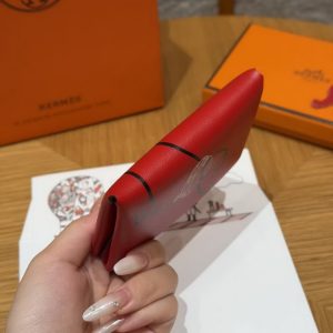 Hermes Calvi Duo Compact Card Holder Handmade In Swift And Chèvre Leather Silver Hardware X Rouge Piment - Image 10