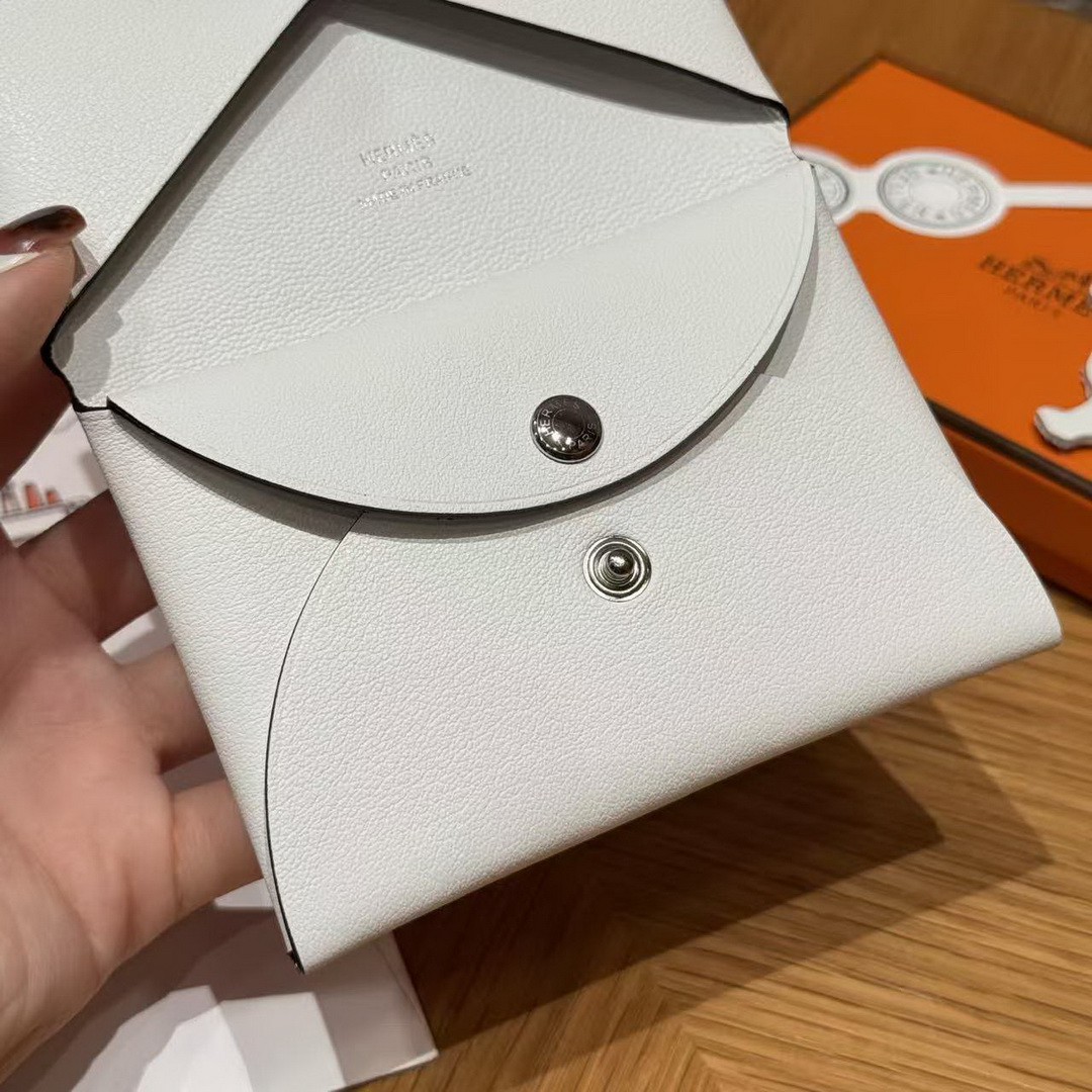 Hermes Calvi Duo Compact Card Holder Handmade In Swift And Chèvre Calfskin Leather Silver Hardware 0U New White - Image 5