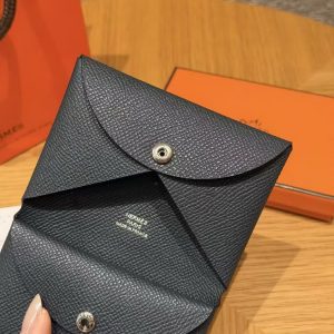 Hermes Calvi Duo Compact Card Holder Handmade In Epsom Calfskin Leather Silver Hardware Y7 Bleu Orage - Image 6