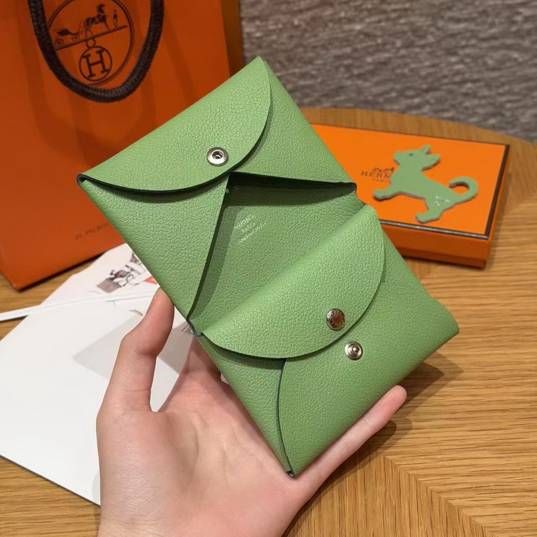 Hermes Calvi Duo Compact Card Holder Handmade In Evercolor Calfskin Leather Silver Hardware 3l Vert Criquent - Image 9
