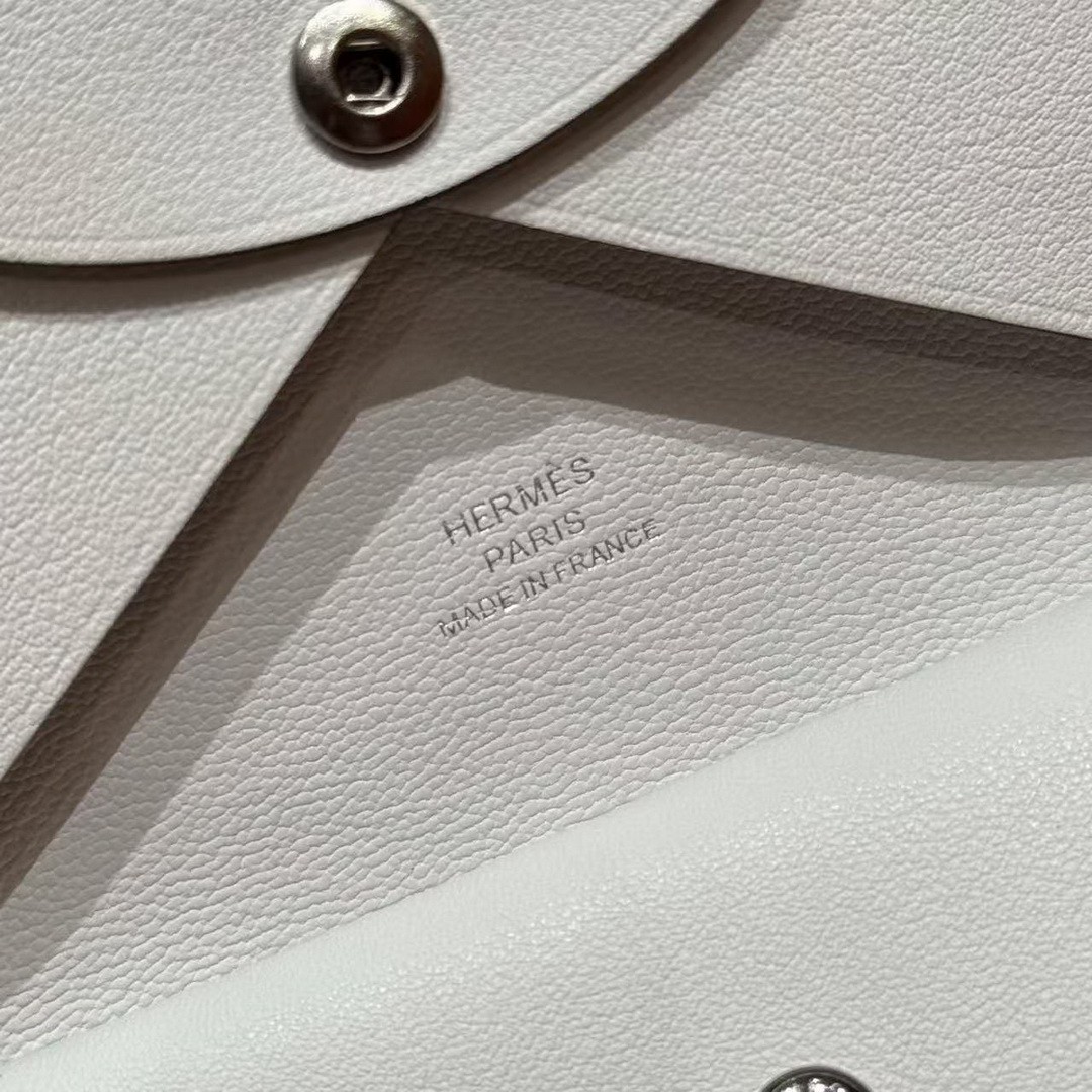 Hermes Calvi Duo Compact Card Holder Handmade In Swift And Chèvre Calfskin Leather Silver Hardware 0U New White - Image 11