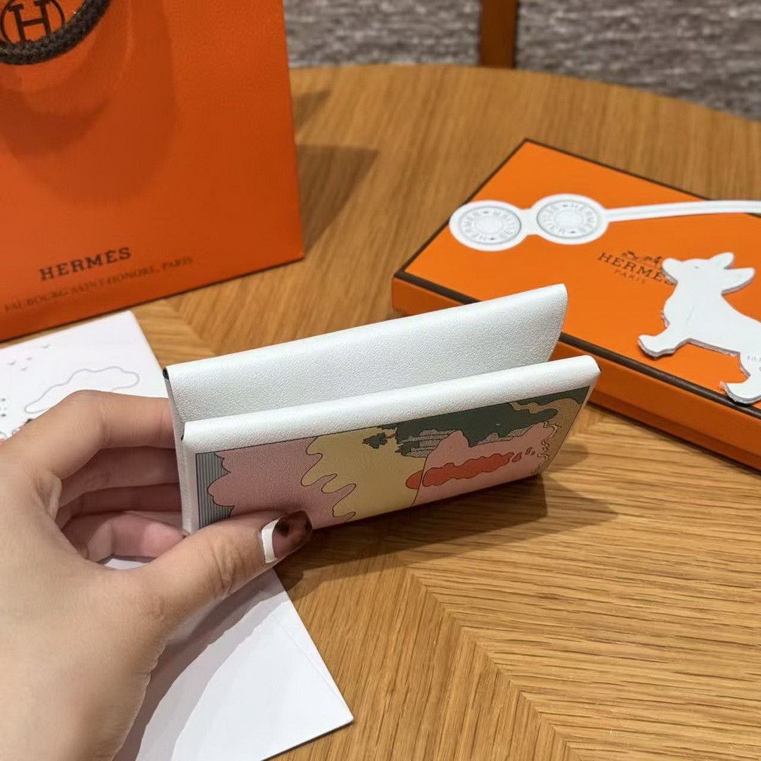 Hermes Calvi Duo Compact Card Holder Handmade In Swift And Chèvre Calfskin Leather Silver Hardware 0U New White - Image 14