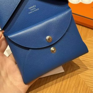 Hermes Calvi Duo Compact Card Holder Handmade In Swift And Chèvre Calfskin Leather Silver Hardware 71 Blue France - Image 7