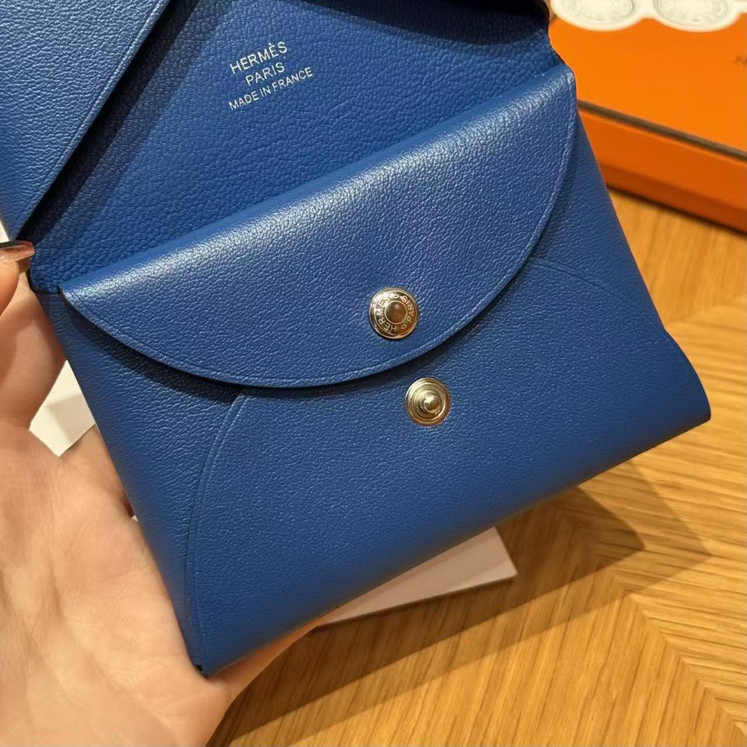 Hermes Calvi Duo Compact Card Holder Handmade In Swift And Chèvre Calfskin Leather Silver Hardware 71 Blue France - Image 7