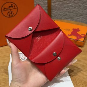 Hermes Calvi Duo Compact Card Holder Handmade In Swift And Chèvre Leather Silver Hardware X Rouge Piment - Image 8
