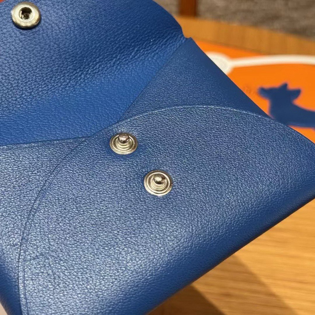 Hermes Calvi Duo Compact Card Holder Handmade In Swift And Chèvre Calfskin Leather Silver Hardware 71 Blue France - Image 3