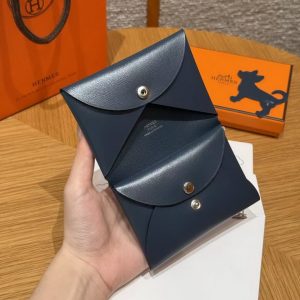 Hermes Calvi Duo Compact Card Holder Handmade In Box Calfskin Leather Silver Hardware 7P Bleu Da Prusse - Image 8