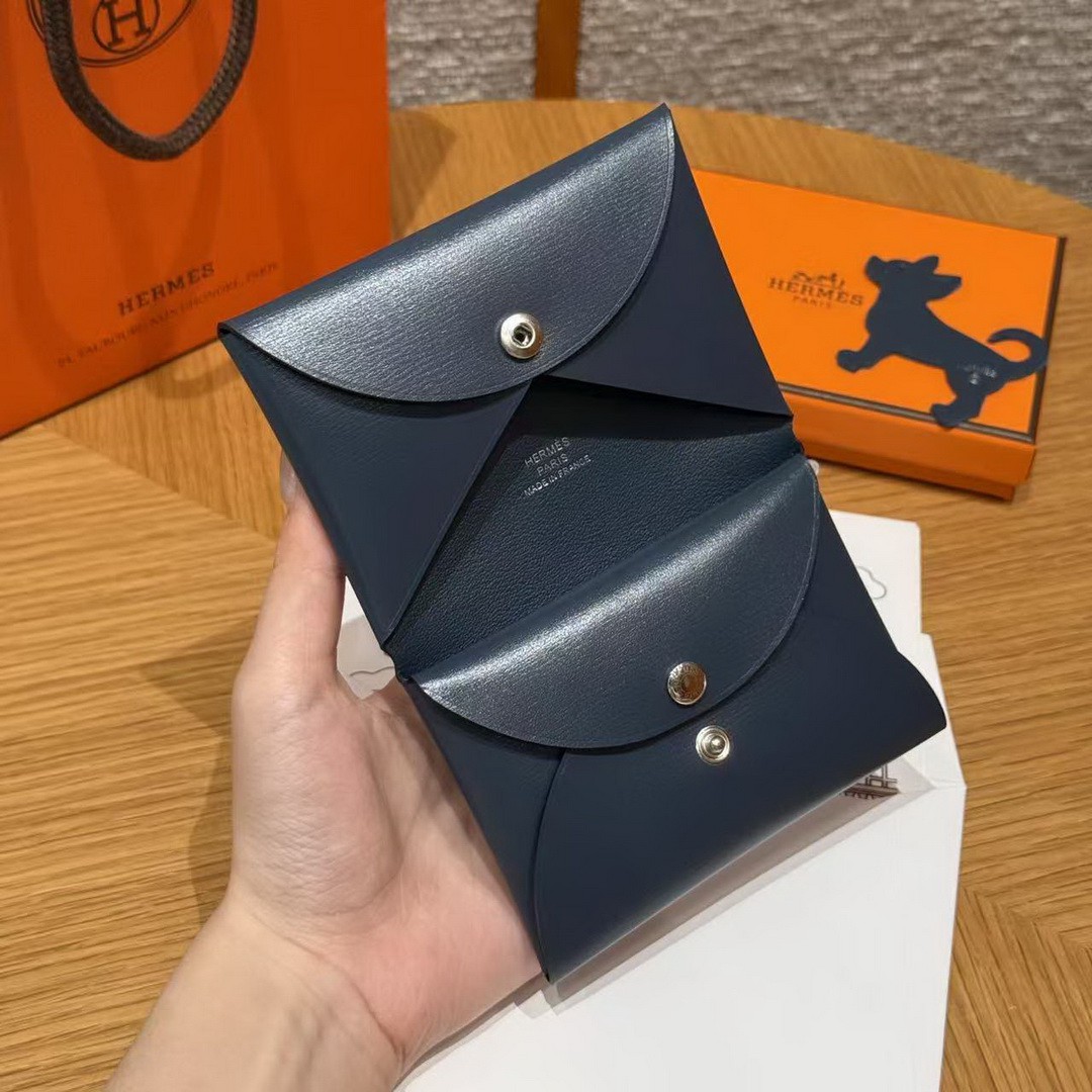Hermes Calvi Duo Compact Card Holder Handmade In Box Calfskin Leather Silver Hardware 7P Bleu Da Prusse - Image 8