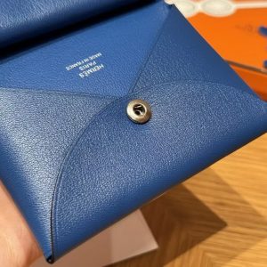 Hermes Calvi Duo Compact Card Holder Handmade In Swift And Chèvre Calfskin Leather Silver Hardware 71 Blue France - Image 6