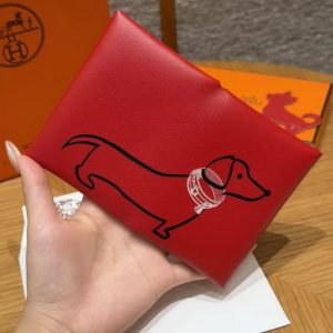Hermes Calvi Duo Compact Card Holder Handmade In Swift And Chèvre Leather Silver Hardware X Rouge Piment - Image 9