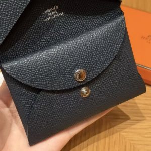 Hermes Calvi Duo Compact Card Holder Handmade In Epsom Calfskin Leather Silver Hardware Y7 Bleu Orage - Image 5