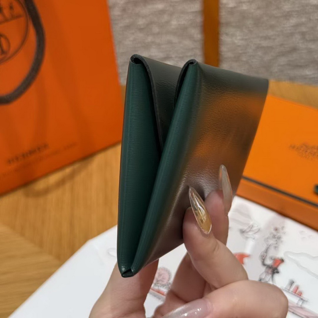 Hermes Calvi Duo Compact Card Holder Handmade In Box Calfskin Leather Silver Hardware 67 Vert Fonce - Image 9