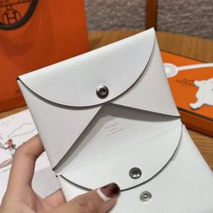 Hermes Calvi Duo Compact Card Holder Handmade In Swift And Chèvre Calfskin Leather Silver Hardware 0U New White - Image 7