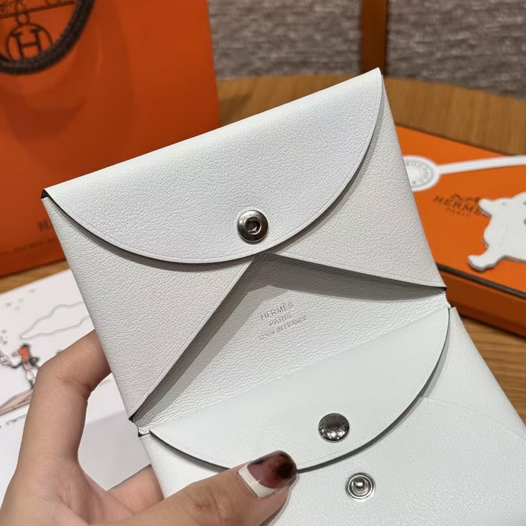 Hermes Calvi Duo Compact Card Holder Handmade In Swift And Chèvre Calfskin Leather Silver Hardware 0U New White - Image 7