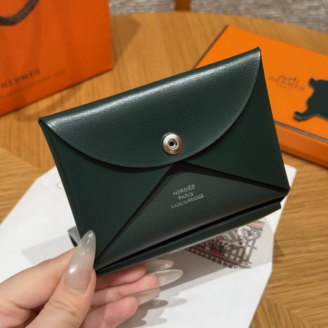 Hermes Calvi Duo Compact Card Holder Handmade In Box Calfskin Leather Silver Hardware 67 Vert Fonce - Image 4