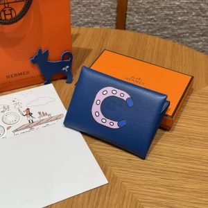 Hermes Calvi Duo Compact Card Holder Handmade In Swift And Chèvre Calfskin Leather Silver Hardware 71 Blue France - Image 8