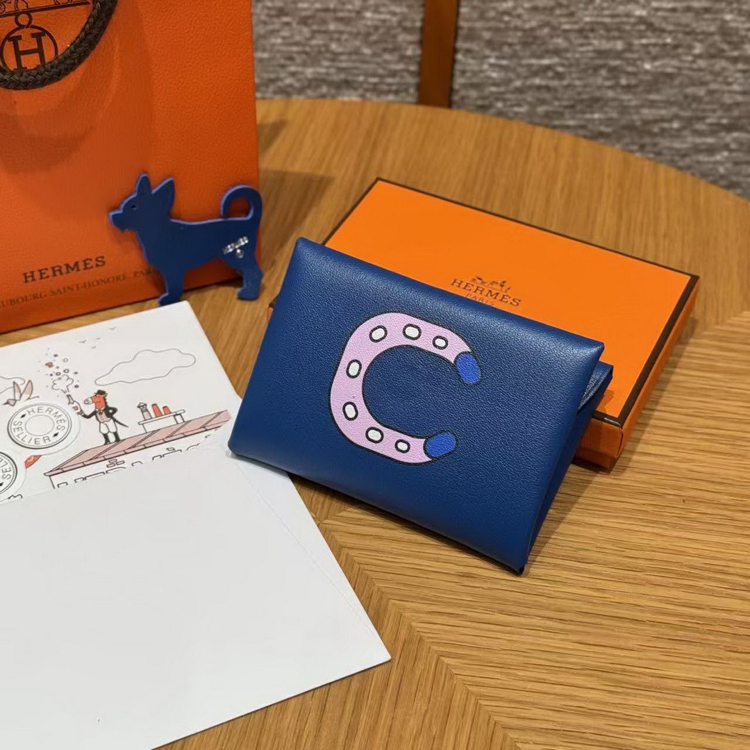 Hermes Calvi Duo Compact Card Holder Handmade In Swift And Chèvre Calfskin Leather Silver Hardware 71 Blue France - Image 8
