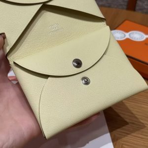 Hermes Calvi Duo Compact Card Holder Handmade In Swift And Chèvre Calfskin Leather Silver Hardware i8 Jaune Milto - Image 6