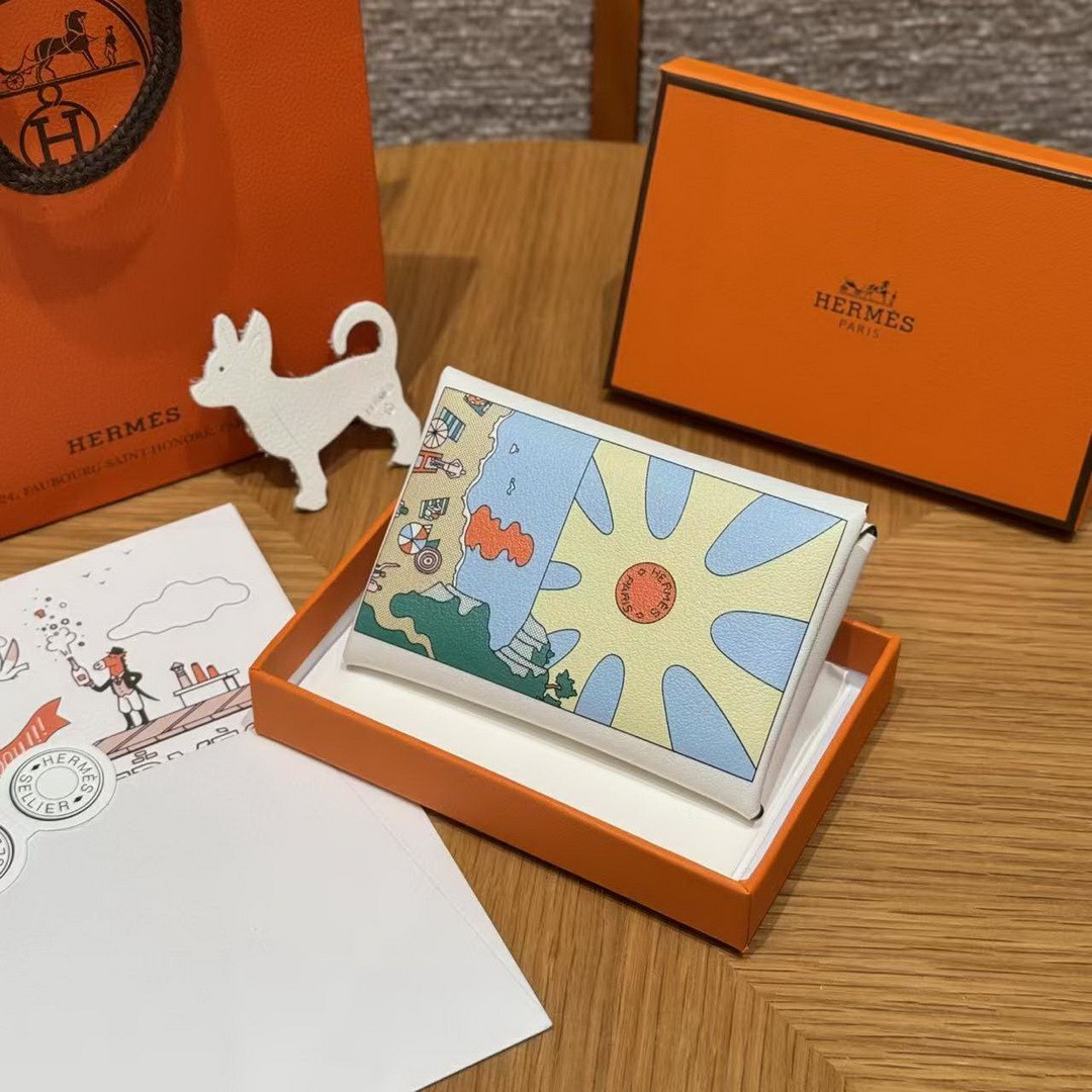 Hermes Calvi Duo Compact Card Holder Handmade In Swift And Chèvre Calfskin Leather Silver Hardware 0U New White - Image 8