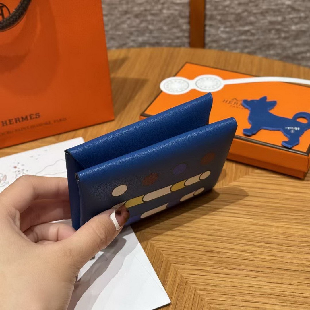 Hermes Calvi Duo Compact Card Holder Handmade In Swift And Chèvre Calfskin Leather Silver Hardware 71 Blue France - Image 13
