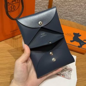 Hermes Calvi Duo Compact Card Holder Handmade In Box Calfskin Leather Silver Hardware 7P Bleu Da Prusse - Image 6