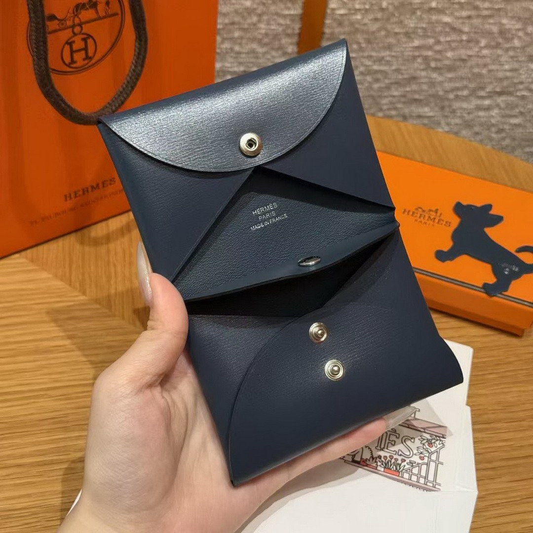 Hermes Calvi Duo Compact Card Holder Handmade In Box Calfskin Leather Silver Hardware 7P Bleu Da Prusse - Image 6