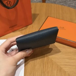 Hermes Calvi Duo Compact Card Holder Handmade In Epsom Calfskin Leather Silver Hardware Y7 Bleu Orage - Image 9