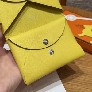 Hermes Calvi Duo Compact Card Holder Handmade In Swift And Chèvre Calfskin Leather Silver Hardware 9R Lime - Image 4