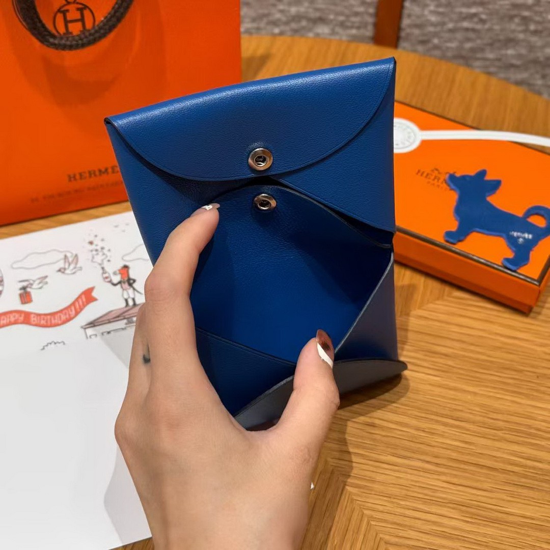 Hermes Calvi Duo Compact Card Holder Handmade In Swift And Chèvre Calfskin Leather Silver Hardware 71 Blue France - Image 10