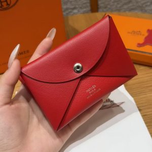 Hermes Calvi Duo Compact Card Holder Handmade In Swift And Chèvre Leather Silver Hardware X Rouge Piment - Image 5