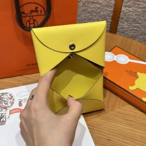 Hermes Calvi Duo Compact Card Holder Handmade In Swift And Chèvre Calfskin Leather Silver Hardware 9R Lime - Image 9