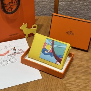 Hermes Calvi Duo Compact Card Holder Handmade In Swift And Chèvre Calfskin Leather Silver Hardware 9R Lime - Image 7