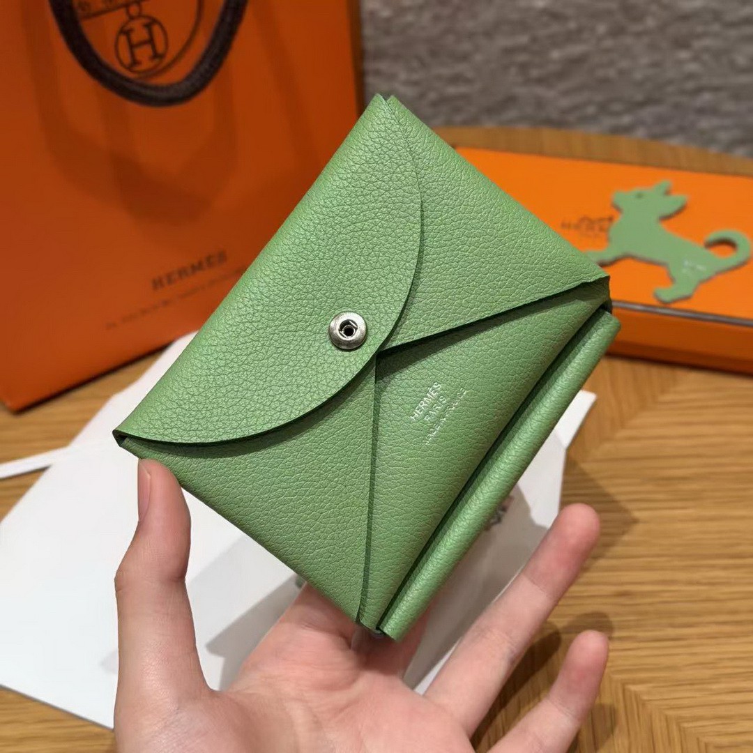 Hermes Calvi Duo Compact Card Holder Handmade In Evercolor Calfskin Leather Silver Hardware 3l Vert Criquent - Image 7
