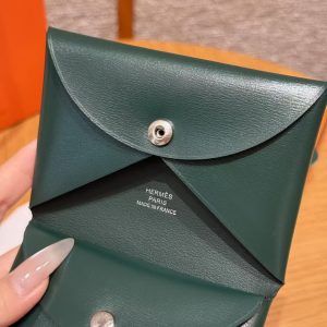 Hermes Calvi Duo Compact Card Holder Handmade In Box Calfskin Leather Silver Hardware 67 Vert Fonce - Image 3
