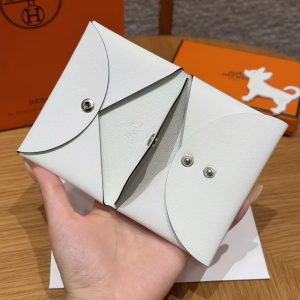Hermes Calvi Duo Compact Card Holder Handmade In Swift And Chèvre Leather Silver Hardware 0U New White - Image 6