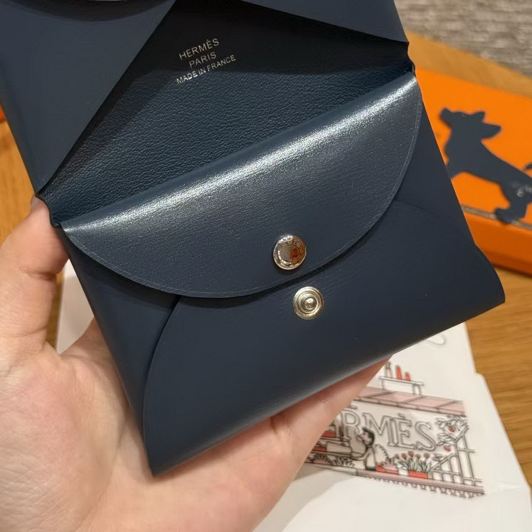Hermes Calvi Duo Compact Card Holder Handmade In Box Calfskin Leather Silver Hardware 7P Bleu Da Prusse - Image 5