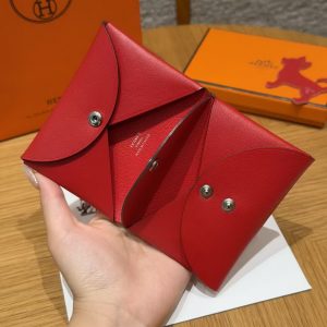 Hermes Calvi Duo Compact Card Holder Handmade In Swift And Chèvre Leather Silver Hardware X Rouge Piment - Image 6