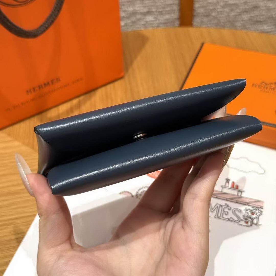 Hermes Calvi Duo Compact Card Holder Handmade In Box Calfskin Leather Silver Hardware 7P Bleu Da Prusse - Image 10
