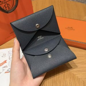 Hermes Calvi Duo Compact Card Holder Handmade In Epsom Calfskin Leather Silver Hardware Y7 Bleu Orage - Image 8