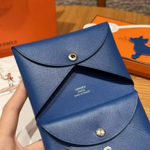 Hermes Calvi Duo Compact Card Holder Handmade In Swift And Chèvre Calfskin Leather Silver Hardware 71 Blue France - Image 4